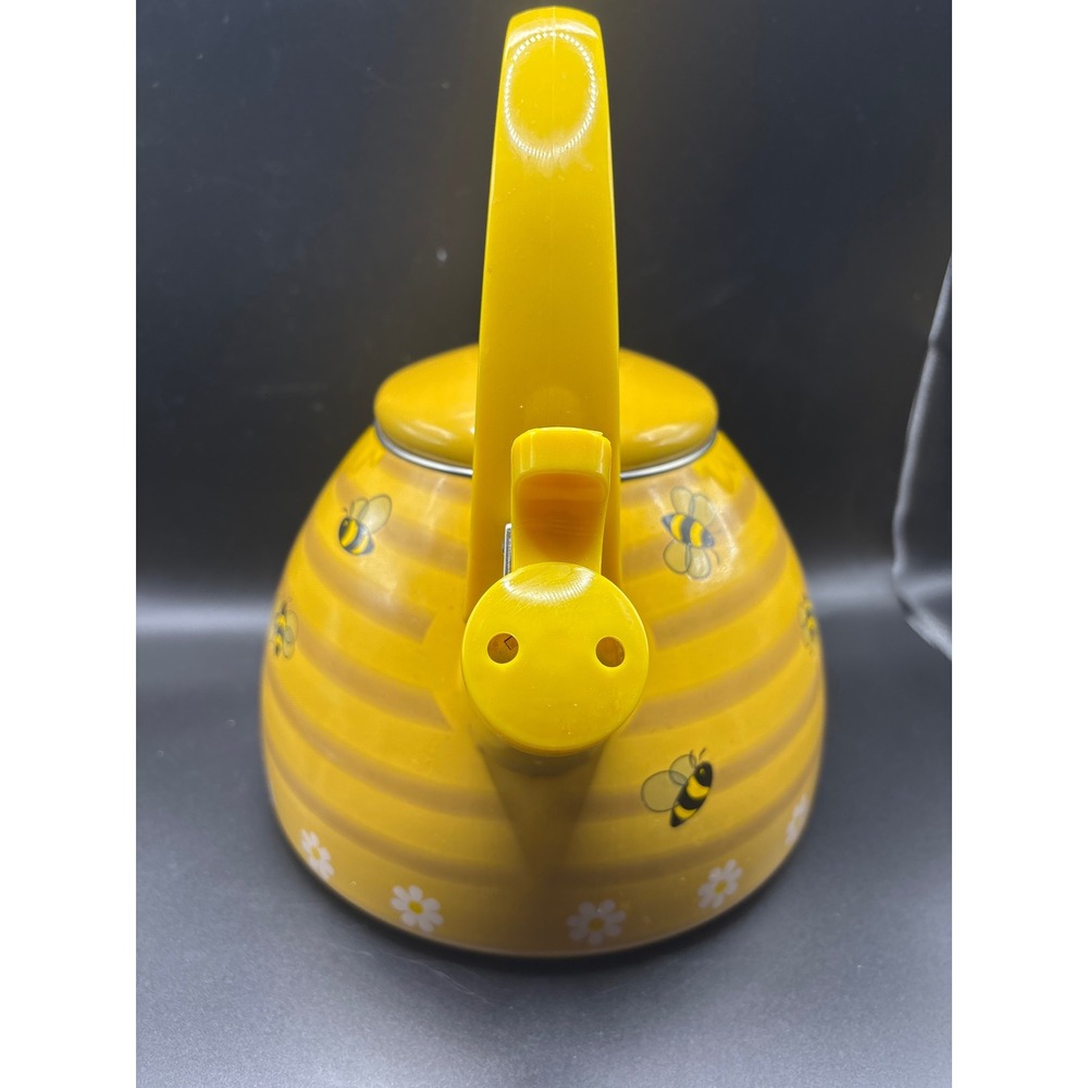 Bumblebee Honey Pot Whistling Tea Kettle Yellow Enamel Stovetop Bee Daisy Design - Picture 4 of 10